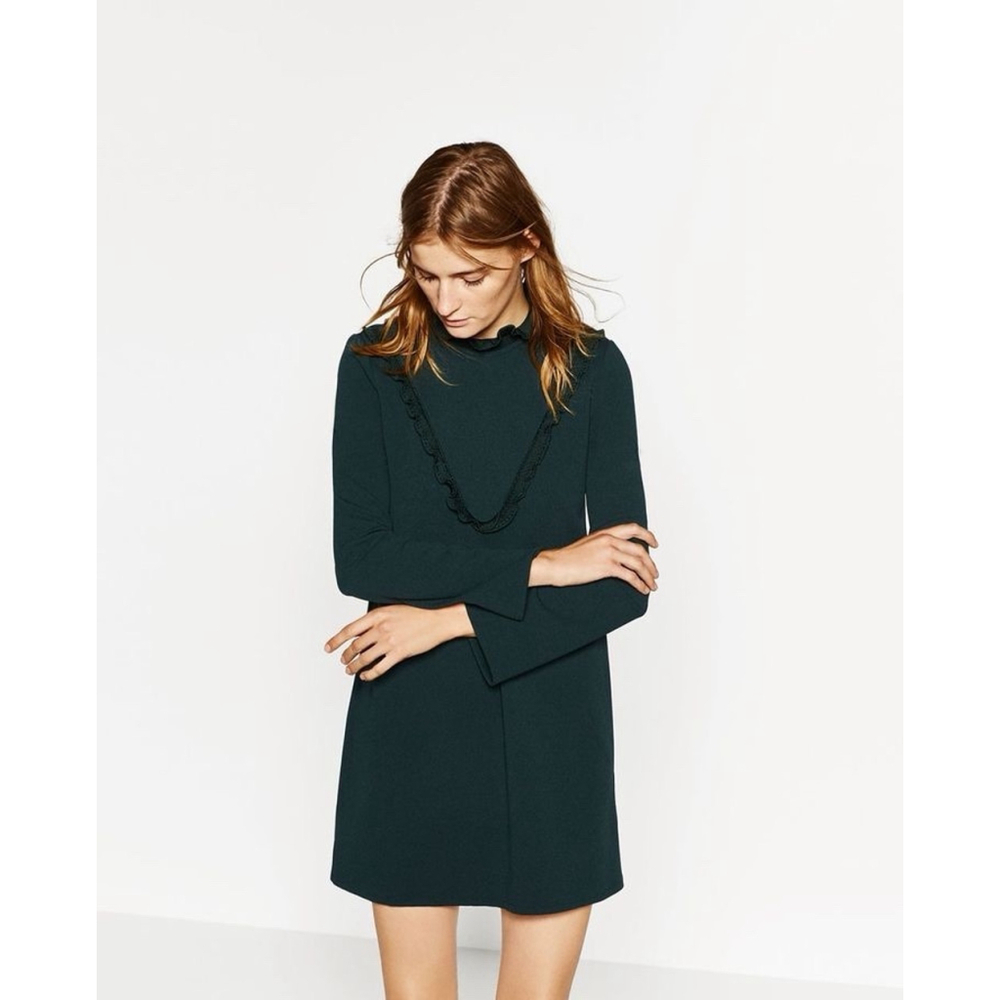 Zara WB Collection S Emerald Green Ruffle Mini Dress Polished Goblincore Holiday